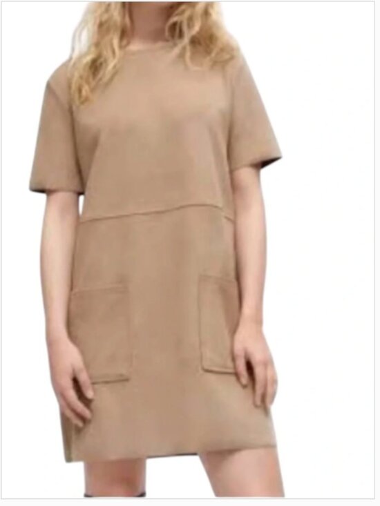 Zara Dresses & Skirts - Zara Women’s Size Large Short Sleeve Shift Dress Tan Brown Sweatshirt Crewneck